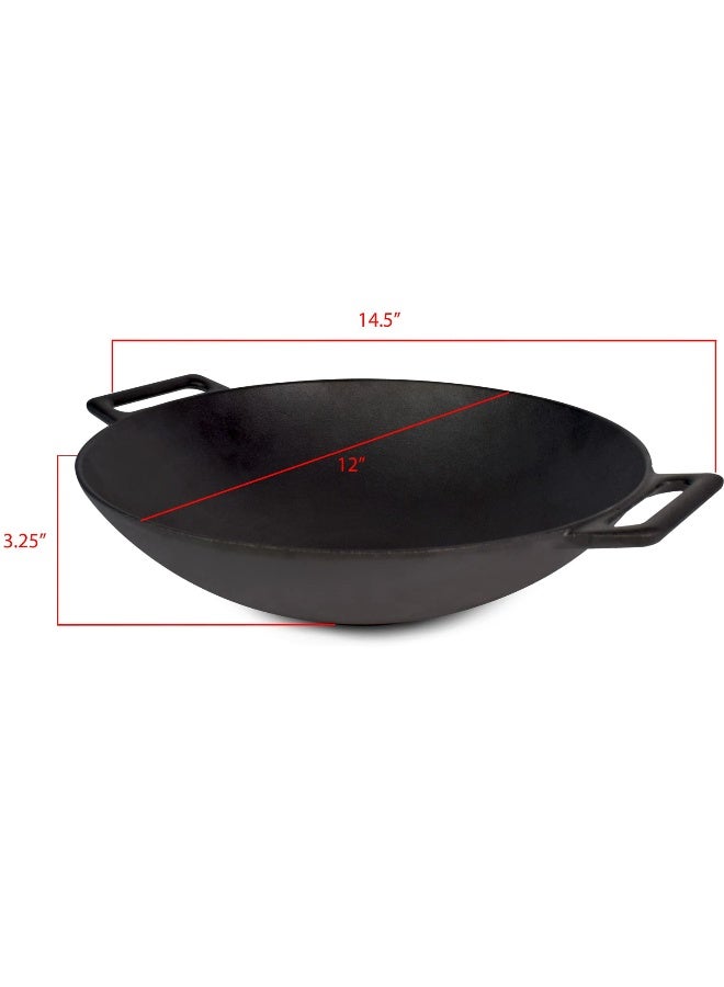 Jim Beam 12'' Pre Seasoned Heavy Duty Construction Cast Iron Grilling Wok, Griddle and Stir Fry Pan - Image 4